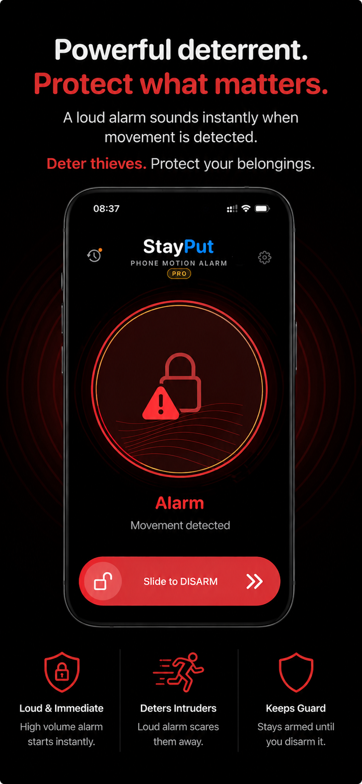 StayPut alarm screen showing movement detected.