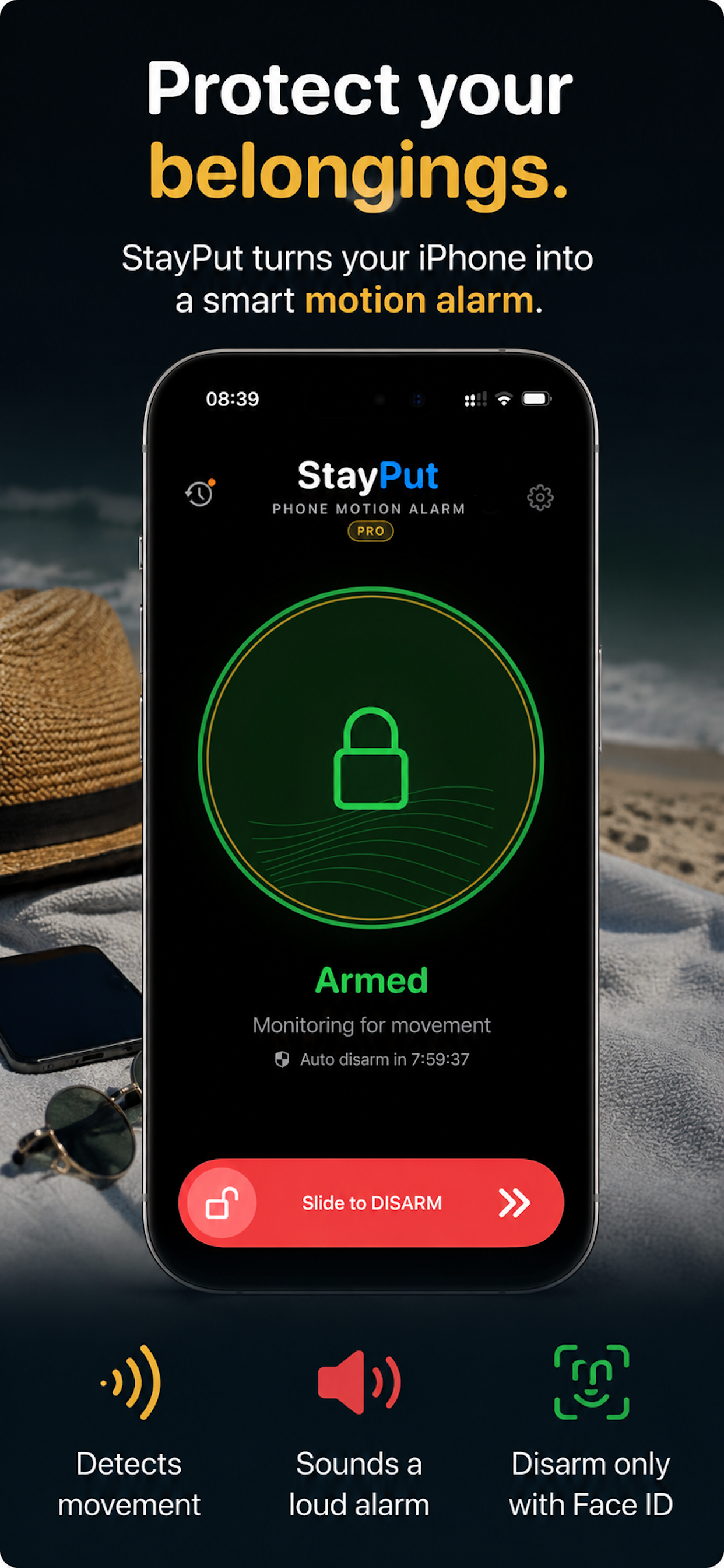 StayPut armed on an iPhone beside beach belongings.