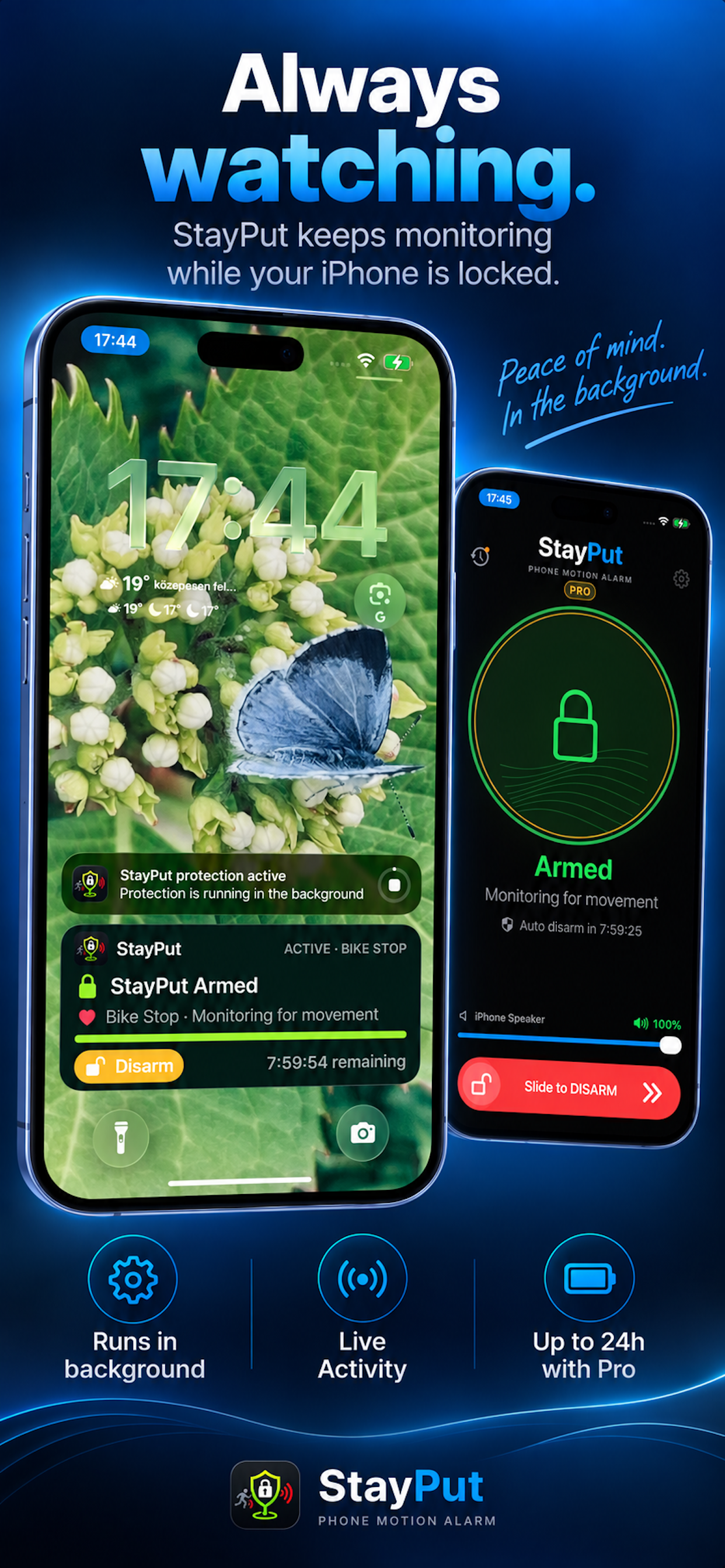 StayPut armed on an iPhone, keeping watch over a bag of belongings.