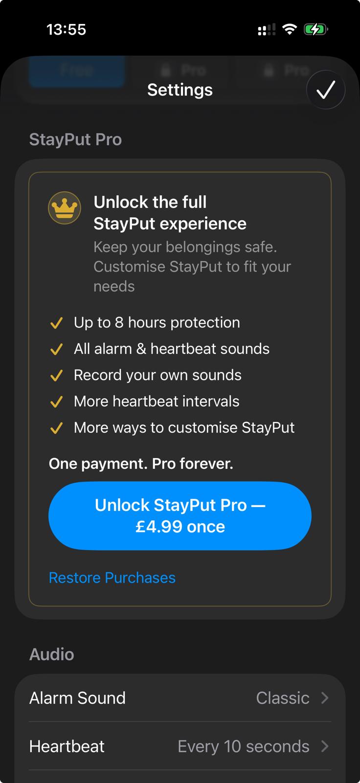 StayPut Pro purchase screen in the app.