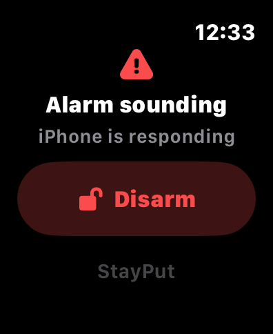 StayPut Apple Watch disarming an active alarm.